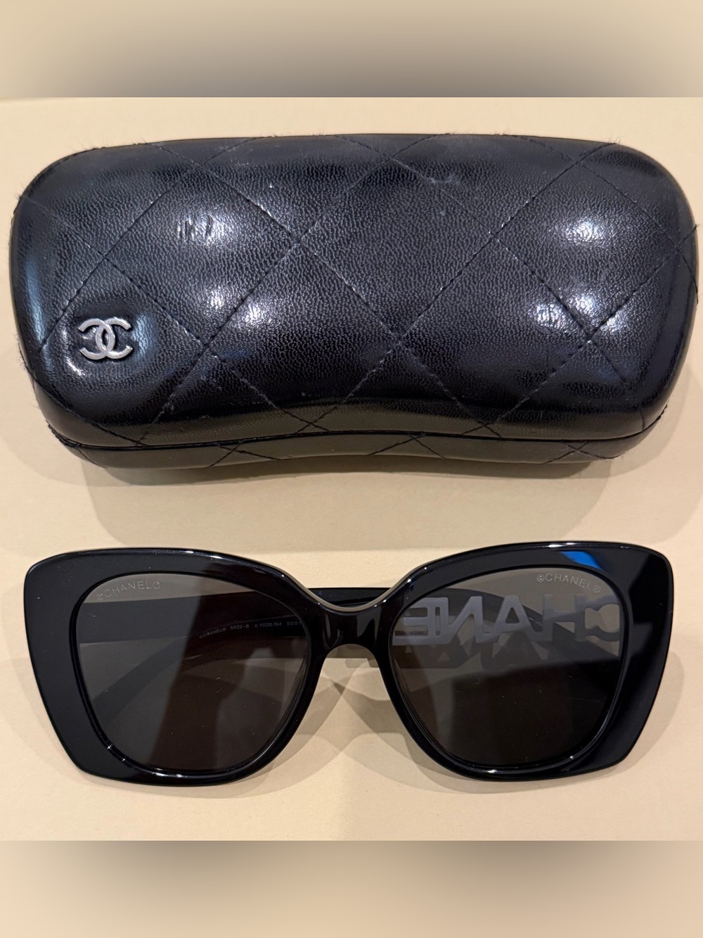 CHANEL Black Oversized Cat-Eye Sunglasses with Quilted Case